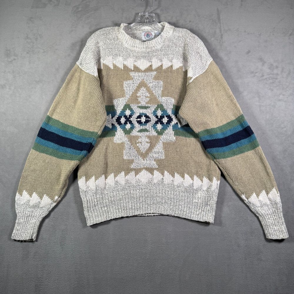 Vintage Cape Isle Knitters Sweater Mens L Beige Gray Chunky 90s Grandpa Cosby